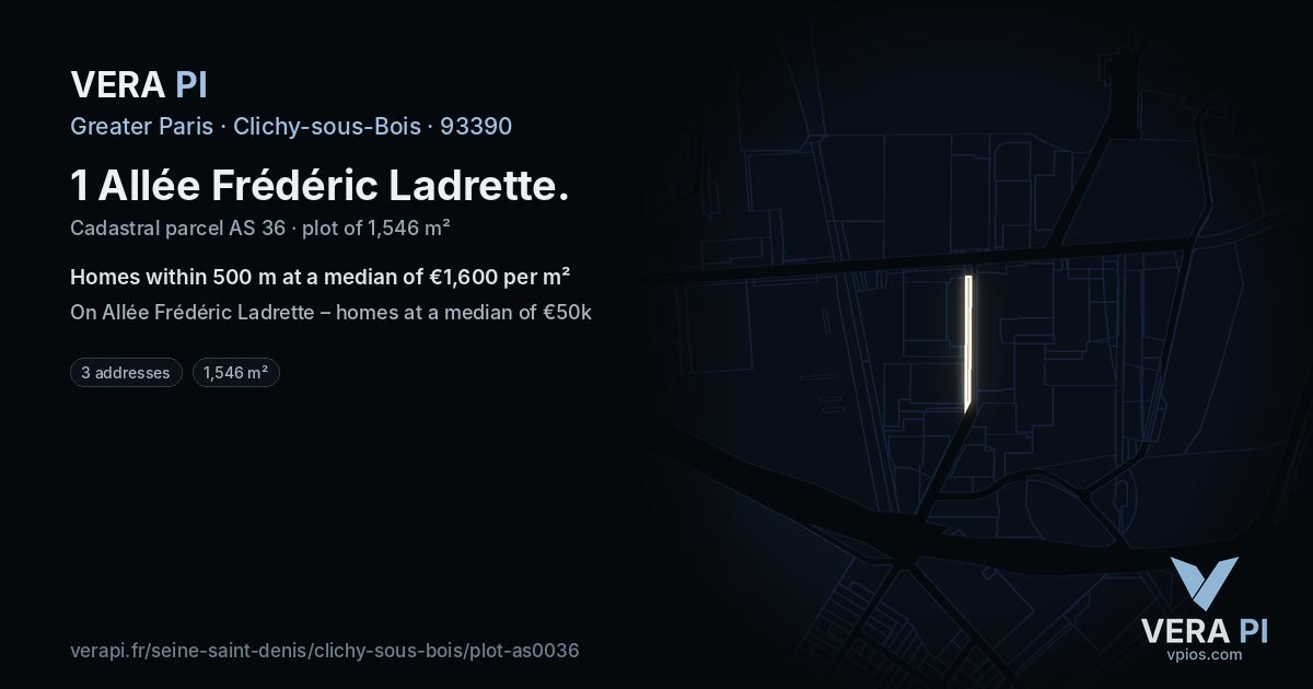 1 Allée Frédéric Ladrette, Clichy-sous-Bois at night – the plot lit, the parcels around coloured by the prices near them
