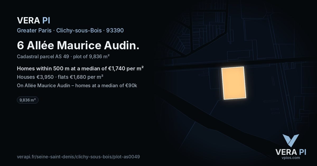 6 Allée Maurice Audin, Clichy-sous-Bois at night – the plot lit, the parcels around coloured by the prices near them
