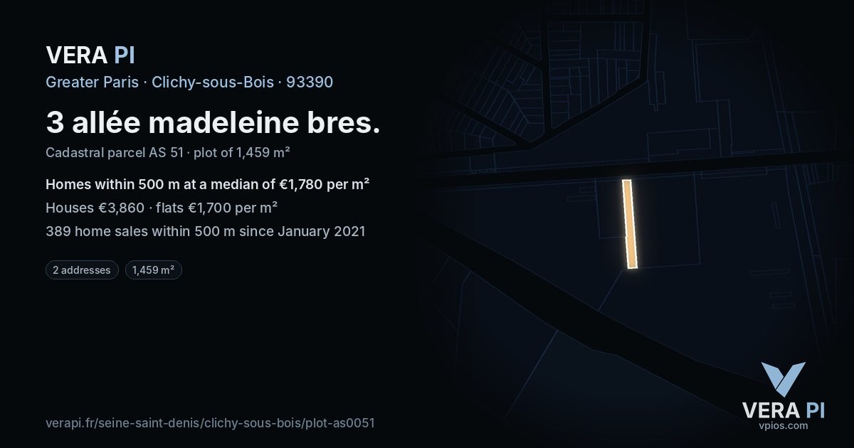 3 allée madeleine bres, Clichy-sous-Bois at night – the plot lit, the parcels around coloured by the prices near them