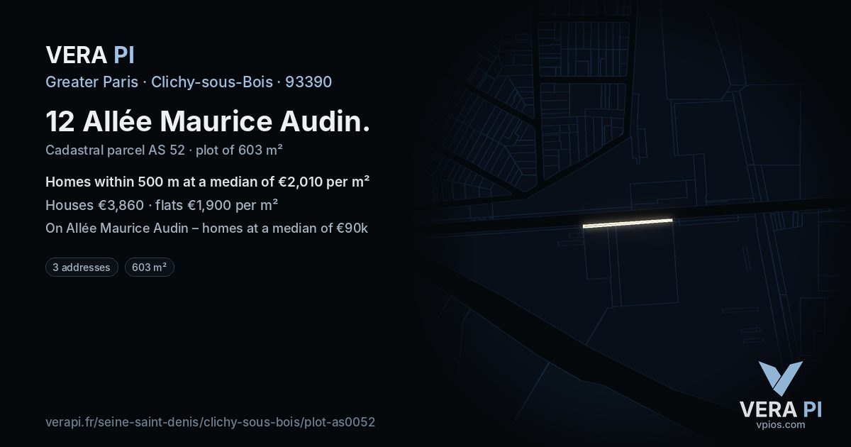 12 Allée Maurice Audin, Clichy-sous-Bois at night – the plot lit, the parcels around coloured by the prices near them
