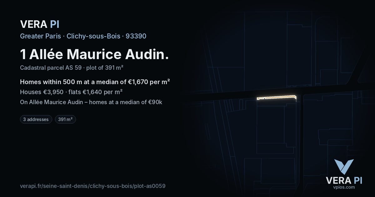 1 Allée Maurice Audin, Clichy-sous-Bois at night – the plot lit, the parcels around coloured by the prices near them