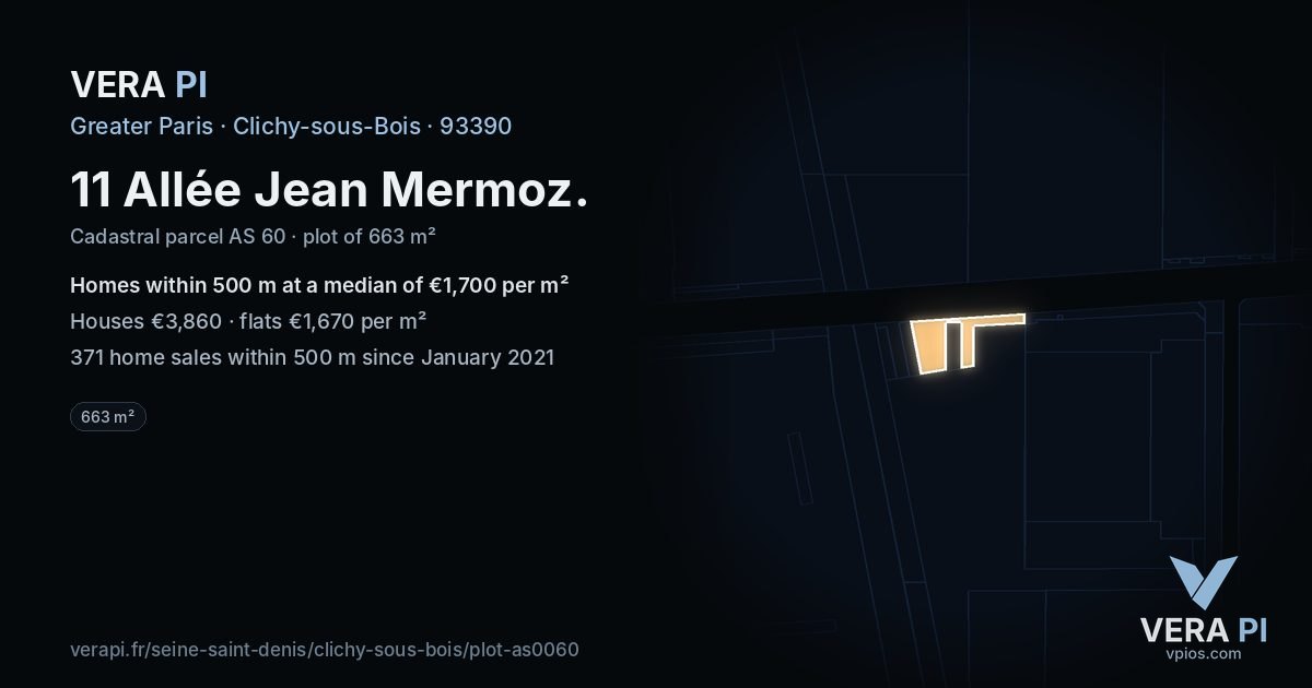 11 Allée Jean Mermoz, Clichy-sous-Bois at night – the plot lit, the parcels around coloured by the prices near them