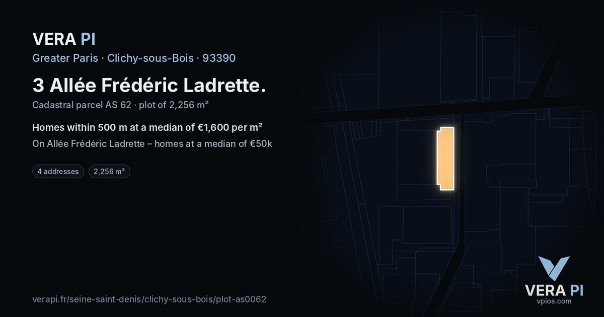 3 Allée Frédéric Ladrette, Clichy-sous-Bois at night – the plot lit, the parcels around coloured by the prices near them