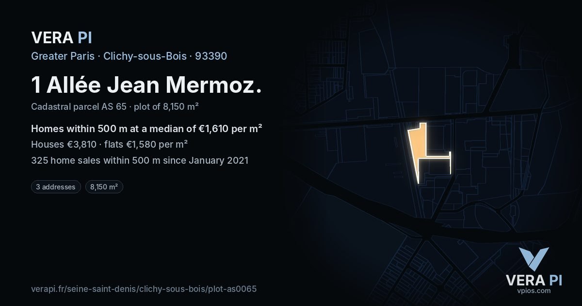 1 Allée Jean Mermoz, Clichy-sous-Bois at night – the plot lit, the parcels around coloured by the prices near them