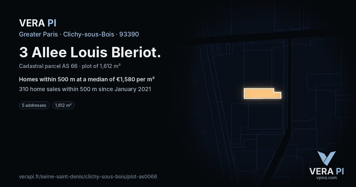 3 Allee Louis Bleriot, Clichy-sous-Bois at night – the plot lit, the parcels around coloured by the prices near them