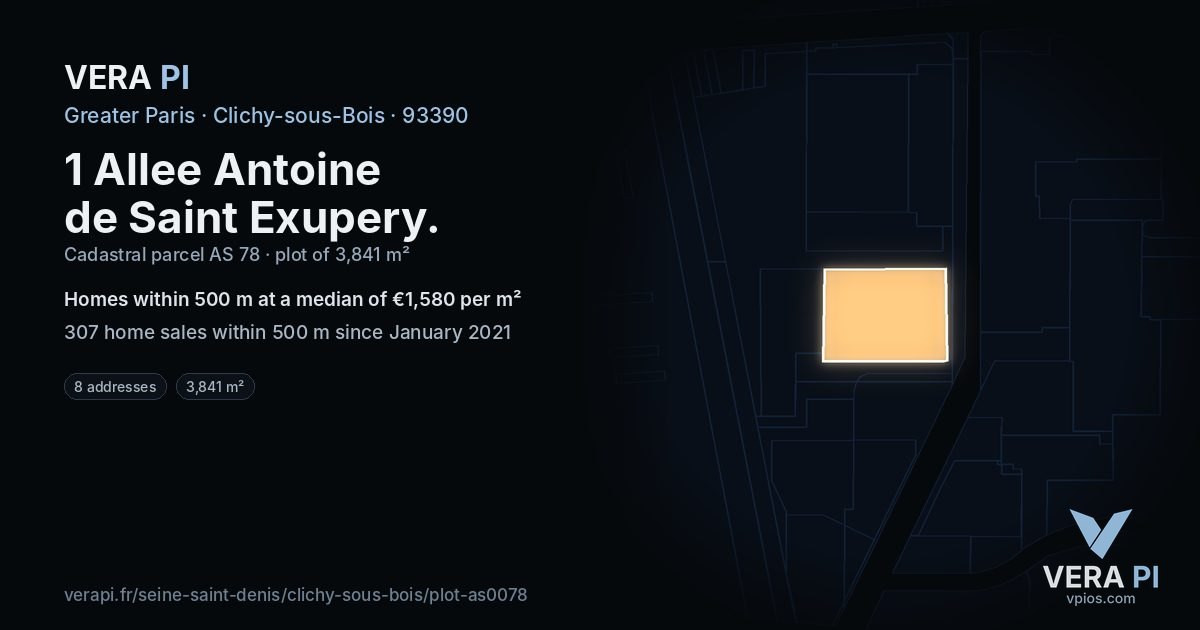 1 Allee Antoine de Saint Exupery, Clichy-sous-Bois at night – the plot lit, the parcels around coloured by the prices near them