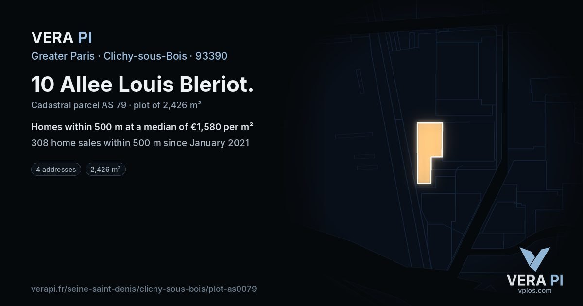 10 Allee Louis Bleriot, Clichy-sous-Bois at night – the plot lit, the parcels around coloured by the prices near them