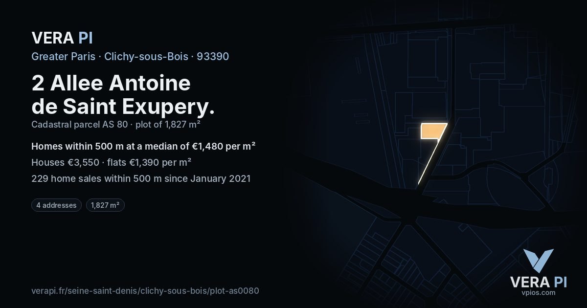 2 Allee Antoine de Saint Exupery, Clichy-sous-Bois at night – the plot lit, the parcels around coloured by the prices near them