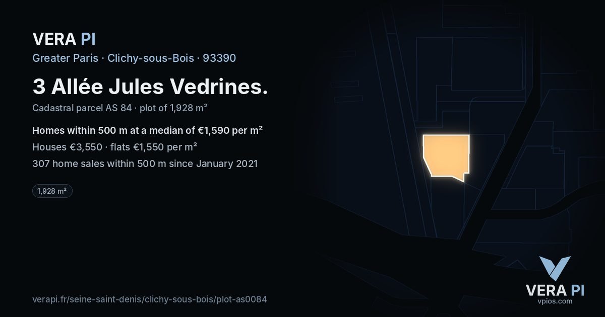 3 Allée Jules Vedrines, Clichy-sous-Bois at night – the plot lit, the parcels around coloured by the prices near them