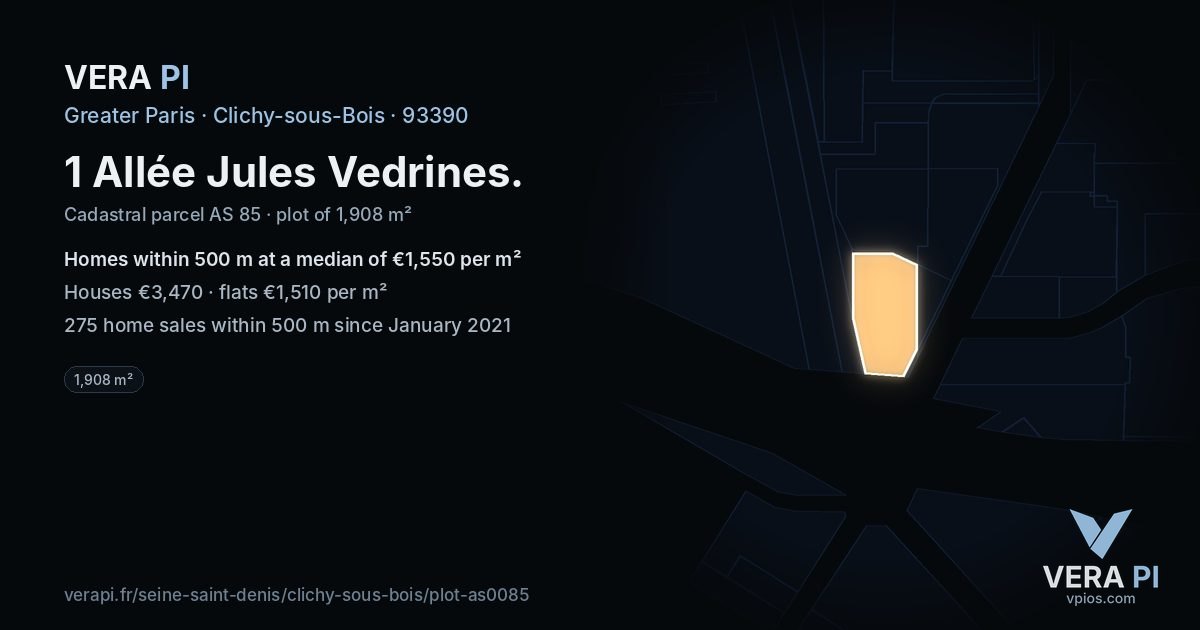 1 Allée Jules Vedrines, Clichy-sous-Bois at night – the plot lit, the parcels around coloured by the prices near them