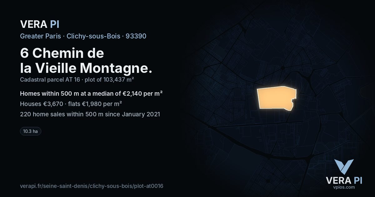 6 Chemin de la Vieille Montagne, Clichy-sous-Bois at night – the plot lit, the parcels around coloured by the prices near them