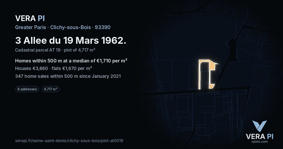 3 Allee du 19 Mars 1962, Clichy-sous-Bois at night – the plot lit, the parcels around coloured by the prices near them