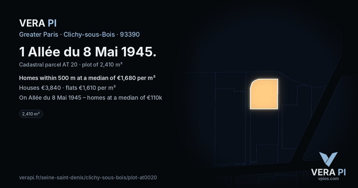 1 Allée du 8 Mai 1945, Clichy-sous-Bois at night – the plot lit, the parcels around coloured by the prices near them