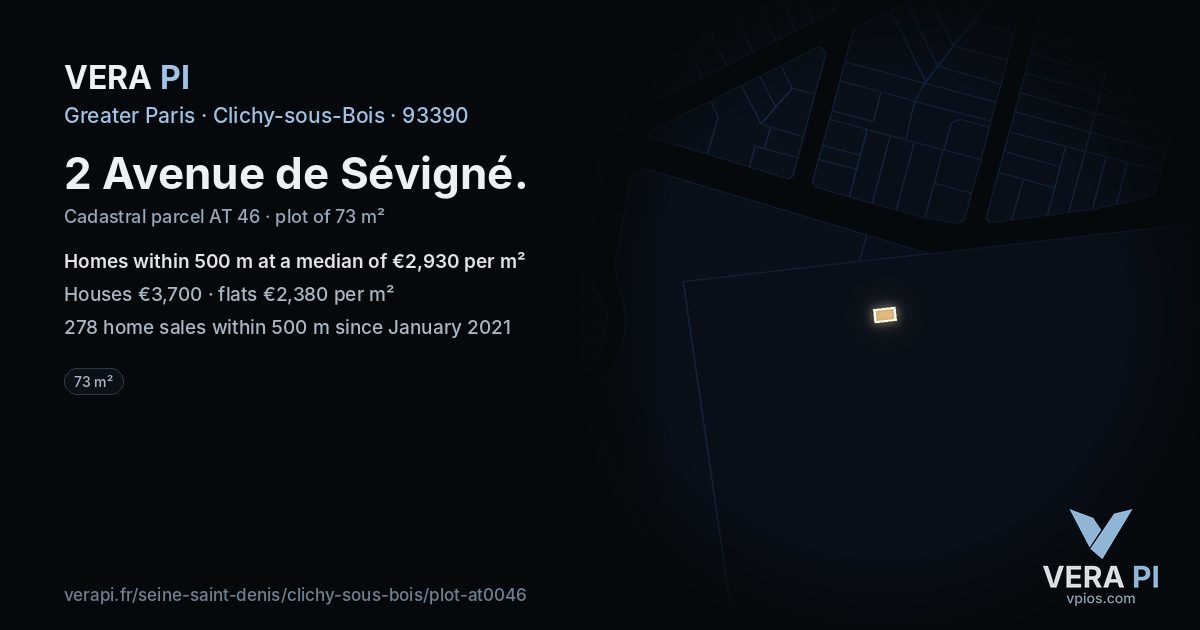 2 Avenue de Sévigné, Clichy-sous-Bois at night – the plot lit, the parcels around coloured by the prices near them
