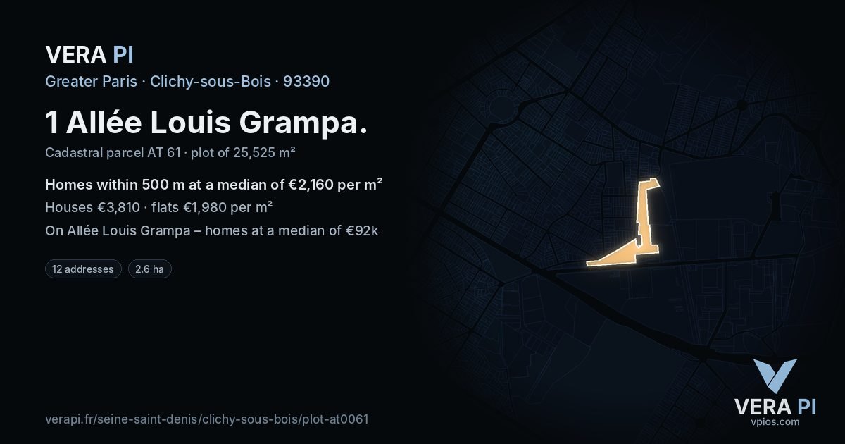 1 Allée Louis Grampa, Clichy-sous-Bois at night – the plot lit, the parcels around coloured by the prices near them