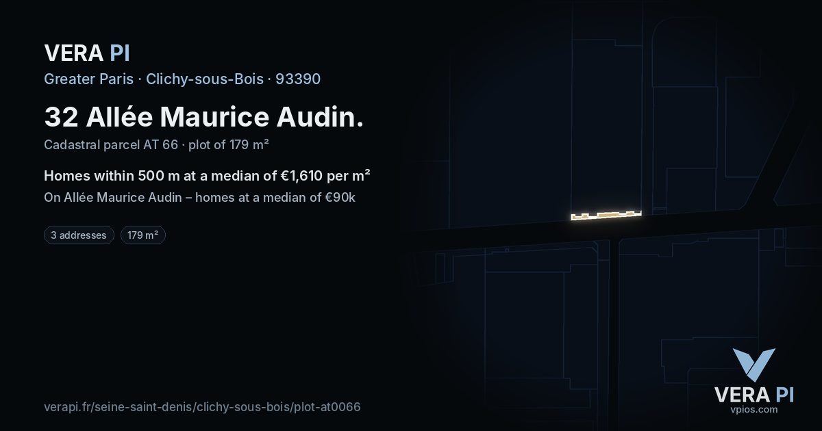 32 Allée Maurice Audin, Clichy-sous-Bois at night – the plot lit, the parcels around coloured by the prices near them