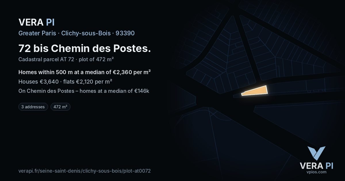 72 bis Chemin des Postes, Clichy-sous-Bois at night – the plot lit, the parcels around coloured by the prices near them