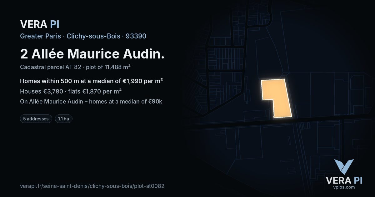 2 Allée Maurice Audin, Clichy-sous-Bois at night – the plot lit, the parcels around coloured by the prices near them