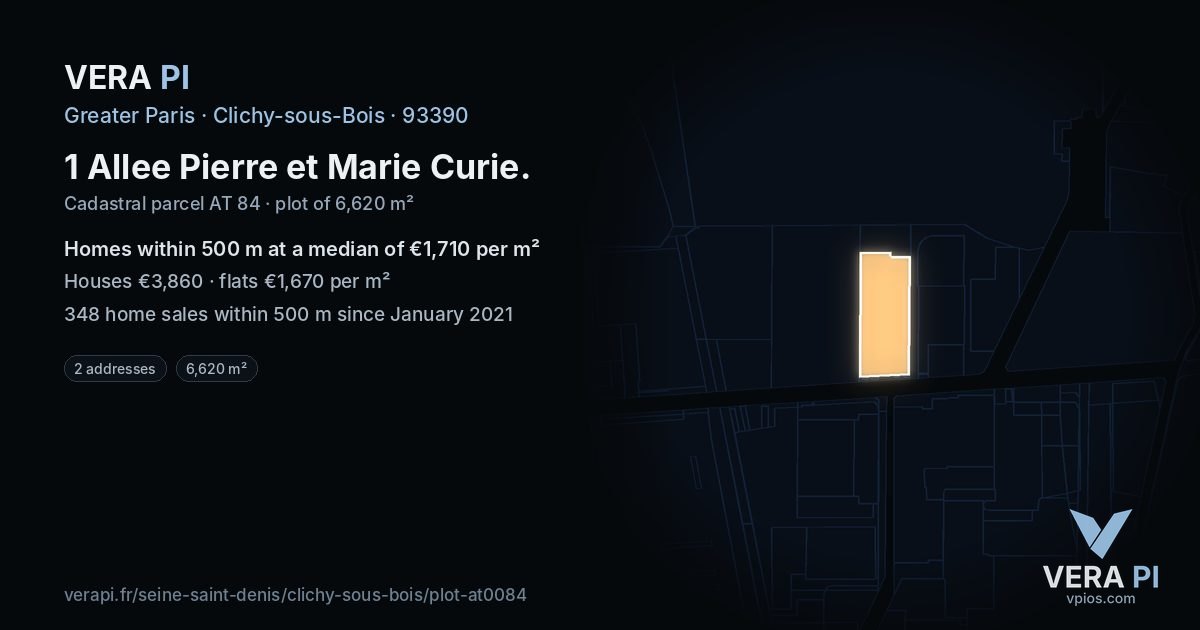1 Allee Pierre et Marie Curie, Clichy-sous-Bois at night – the plot lit, the parcels around coloured by the prices near them