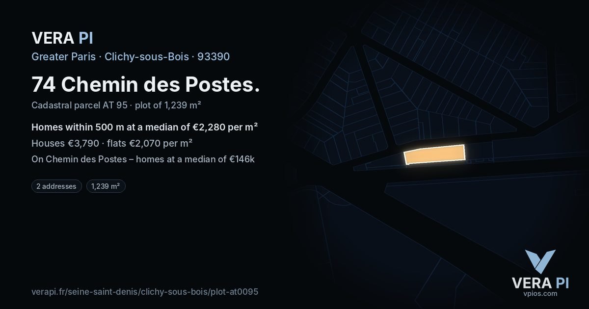 74 Chemin des Postes, Clichy-sous-Bois at night – the plot lit, the parcels around coloured by the prices near them