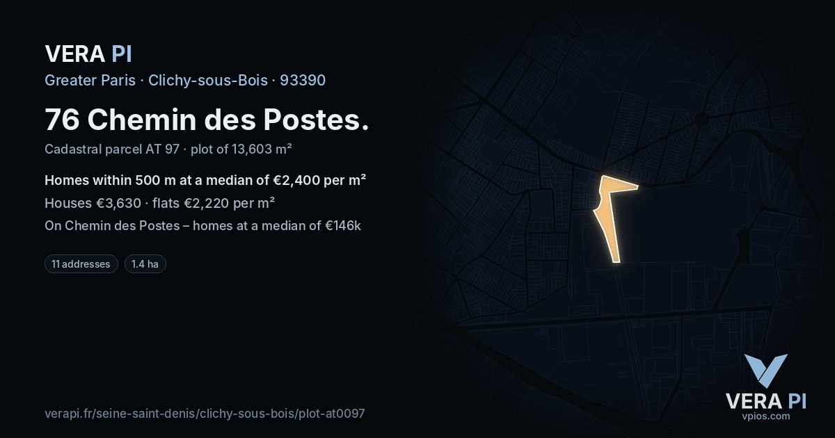 76 Chemin des Postes, Clichy-sous-Bois at night – the plot lit, the parcels around coloured by the prices near them