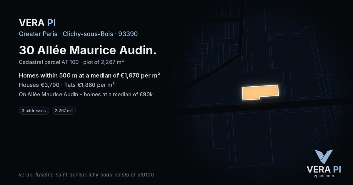 30 Allée Maurice Audin, Clichy-sous-Bois at night – the plot lit, the parcels around coloured by the prices near them