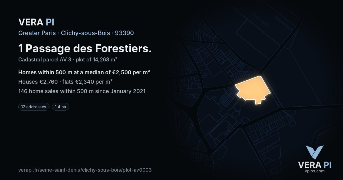 1 Passage des Forestiers, Clichy-sous-Bois at night – the plot lit, the parcels around coloured by the prices near them