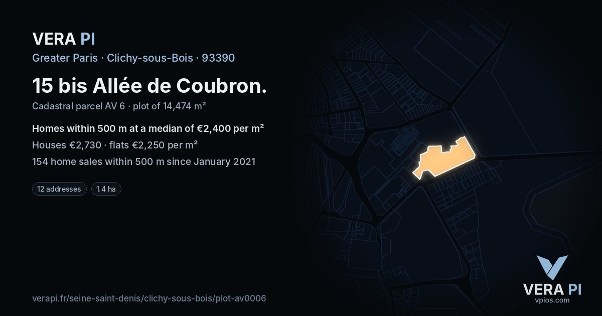 15 bis Allée de Coubron, Clichy-sous-Bois at night – the plot lit, the parcels around coloured by the prices near them
