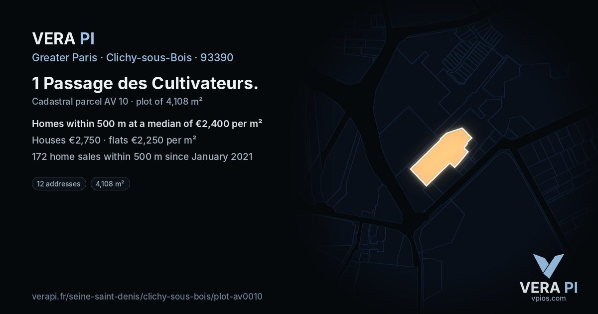 1 Passage des Cultivateurs, Clichy-sous-Bois at night – the plot lit, the parcels around coloured by the prices near them