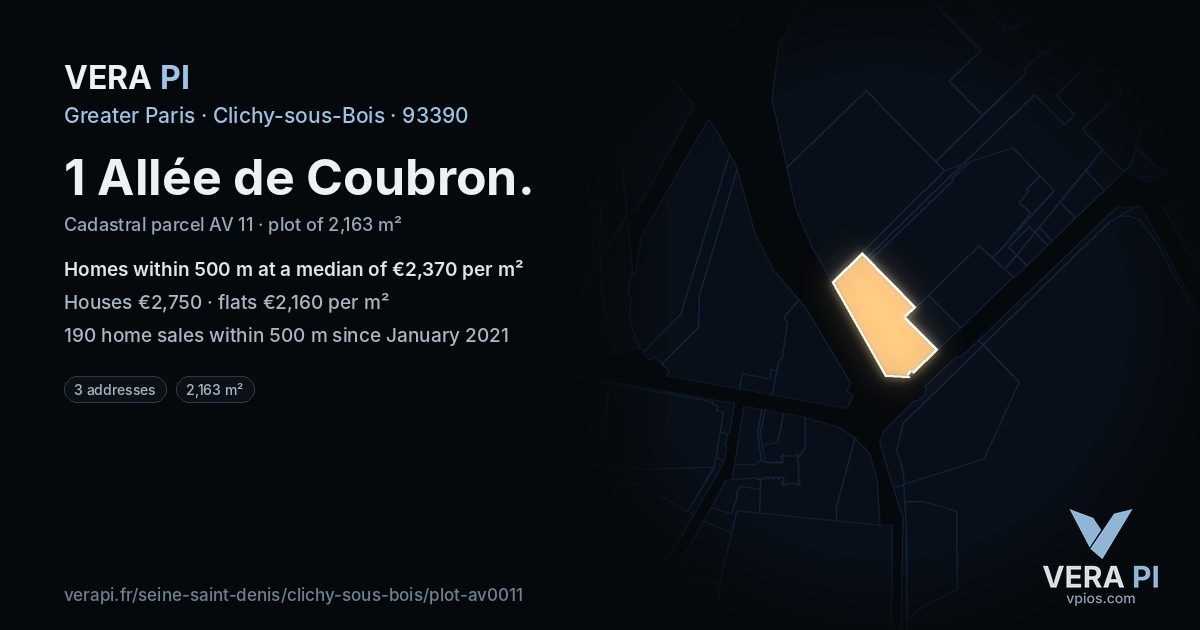 1 Allée de Coubron, Clichy-sous-Bois at night – the plot lit, the parcels around coloured by the prices near them