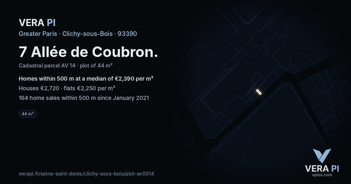 7 Allée de Coubron, Clichy-sous-Bois at night – the plot lit, the parcels around coloured by the prices near them