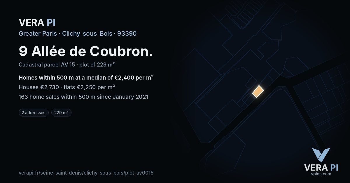 9 Allée de Coubron, Clichy-sous-Bois at night – the plot lit, the parcels around coloured by the prices near them
