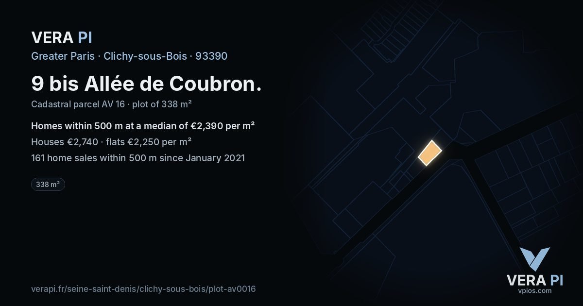 9 bis Allée de Coubron, Clichy-sous-Bois at night – the plot lit, the parcels around coloured by the prices near them