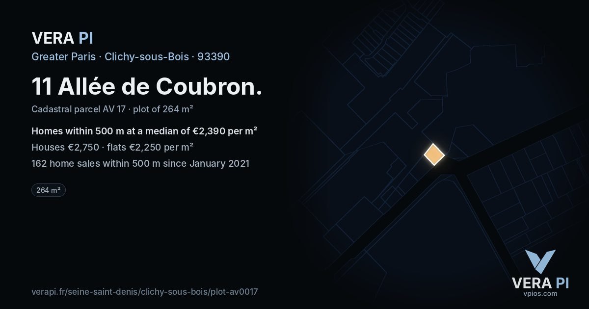 11 Allée de Coubron, Clichy-sous-Bois at night – the plot lit, the parcels around coloured by the prices near them