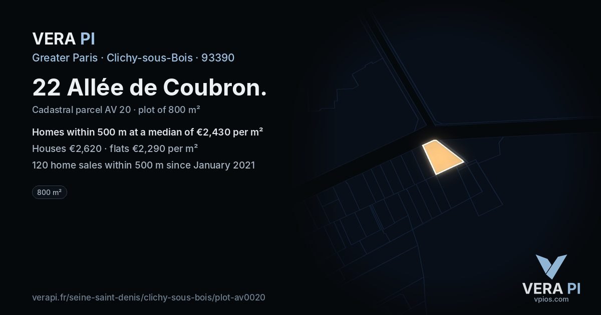 22 Allée de Coubron, Clichy-sous-Bois at night – the plot lit, the parcels around coloured by the prices near them