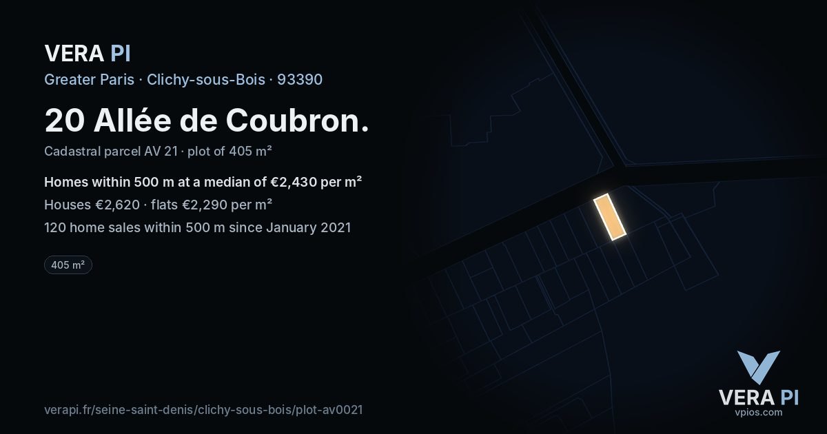 20 Allée de Coubron, Clichy-sous-Bois at night – the plot lit, the parcels around coloured by the prices near them
