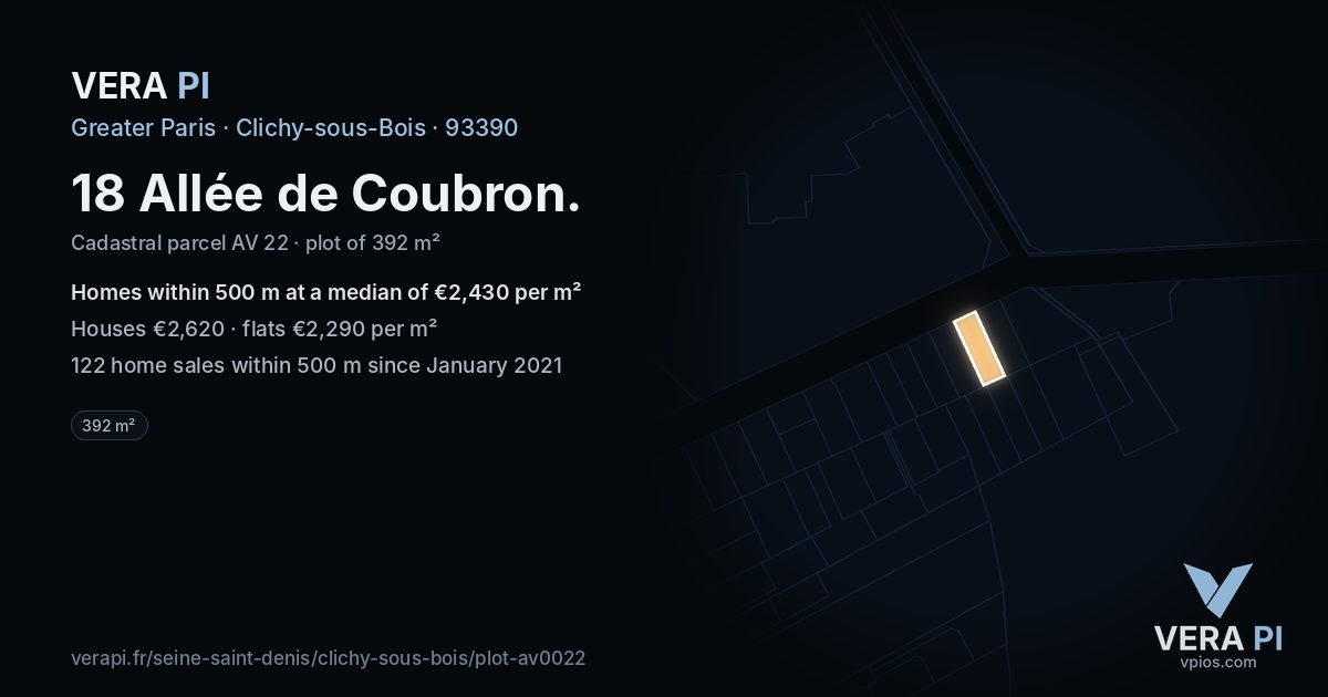 18 Allée de Coubron, Clichy-sous-Bois at night – the plot lit, the parcels around coloured by the prices near them
