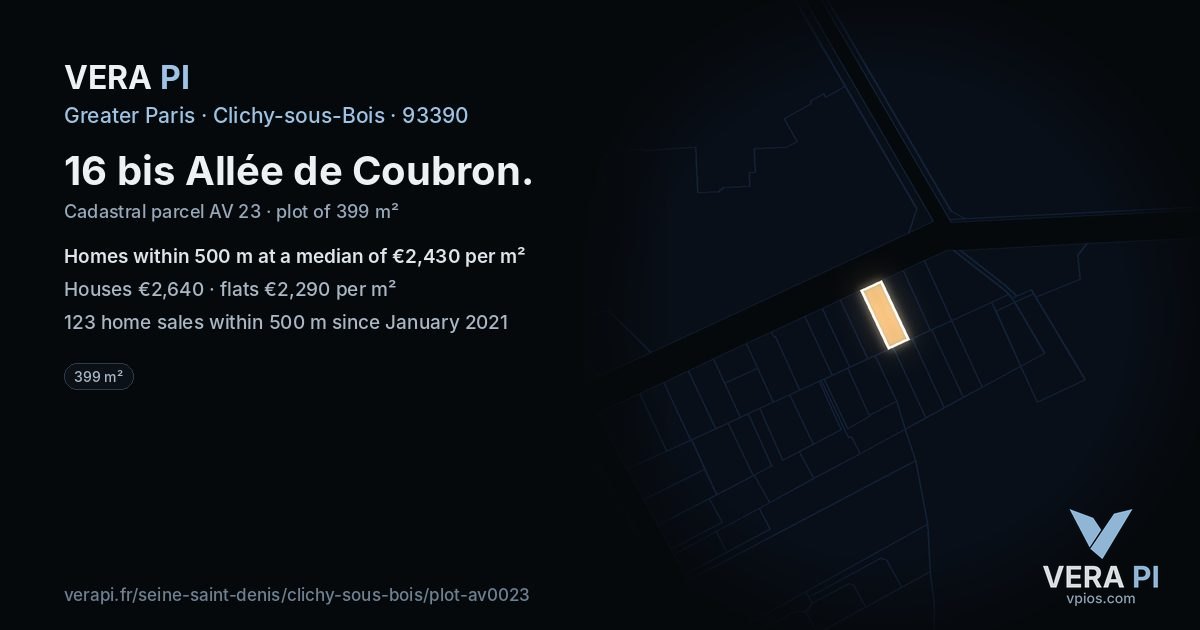 16 bis Allée de Coubron, Clichy-sous-Bois at night – the plot lit, the parcels around coloured by the prices near them
