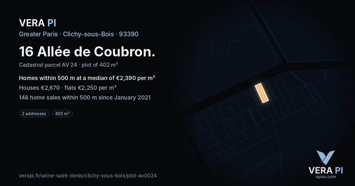 16 Allée de Coubron, Clichy-sous-Bois at night – the plot lit, the parcels around coloured by the prices near them