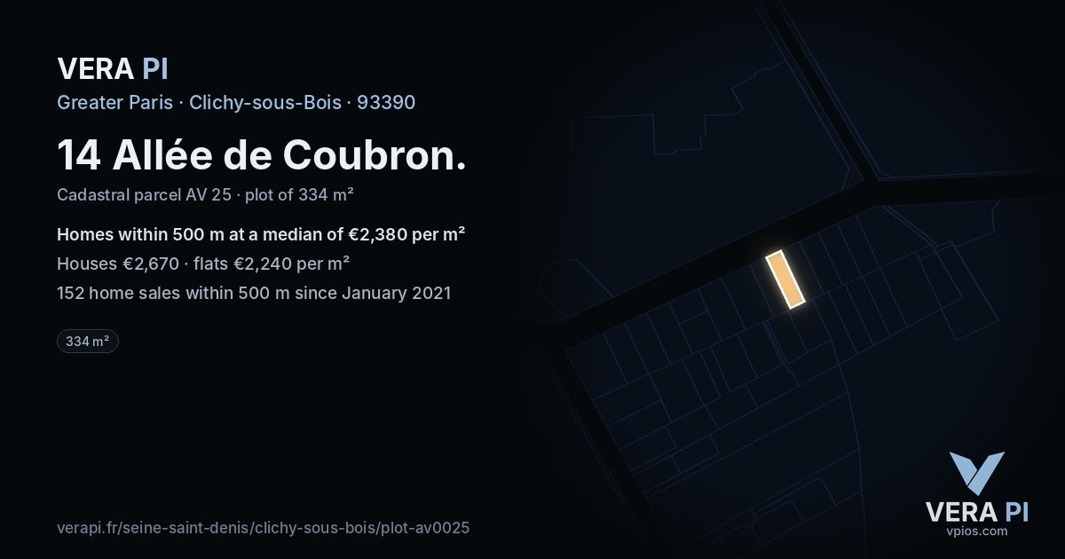 14 Allée de Coubron, Clichy-sous-Bois at night – the plot lit, the parcels around coloured by the prices near them