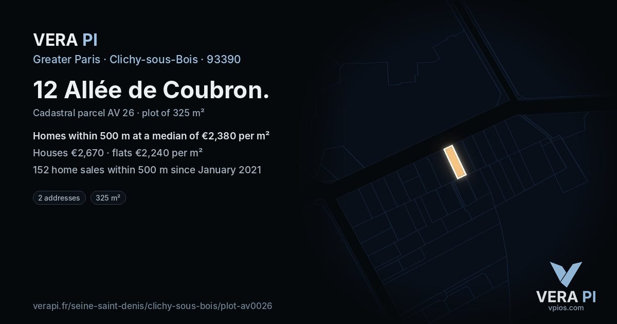 12 Allée de Coubron, Clichy-sous-Bois at night – the plot lit, the parcels around coloured by the prices near them
