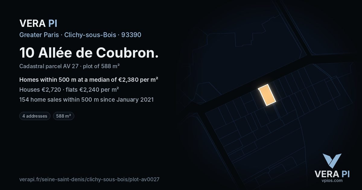 10 Allée de Coubron, Clichy-sous-Bois at night – the plot lit, the parcels around coloured by the prices near them