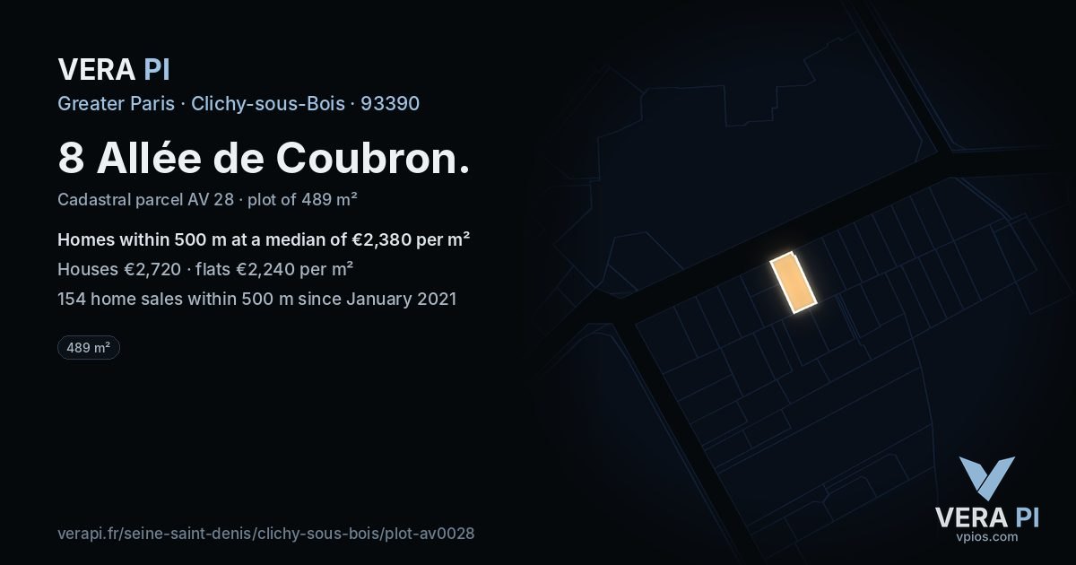 8 Allée de Coubron, Clichy-sous-Bois at night – the plot lit, the parcels around coloured by the prices near them