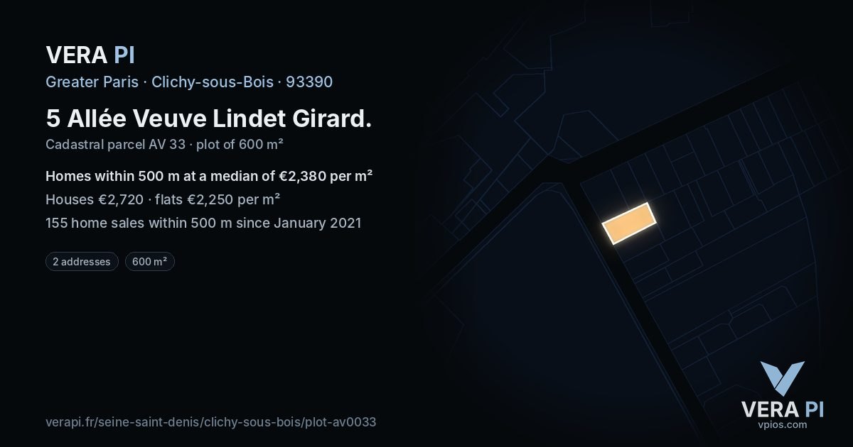 5 Allée Veuve Lindet Girard, Clichy-sous-Bois at night – the plot lit, the parcels around coloured by the prices near them