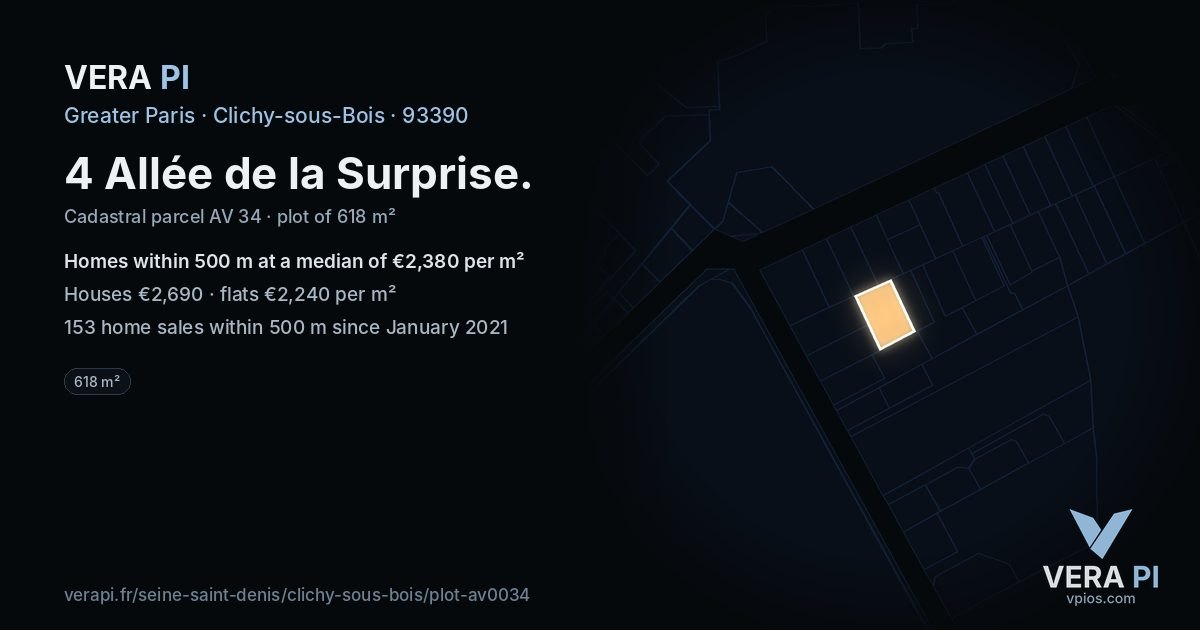 4 Allée de la Surprise, Clichy-sous-Bois at night – the plot lit, the parcels around coloured by the prices near them