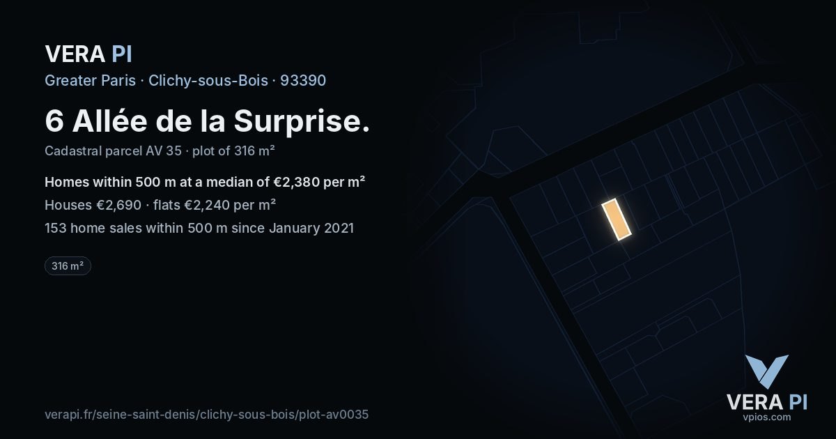 6 Allée de la Surprise, Clichy-sous-Bois at night – the plot lit, the parcels around coloured by the prices near them