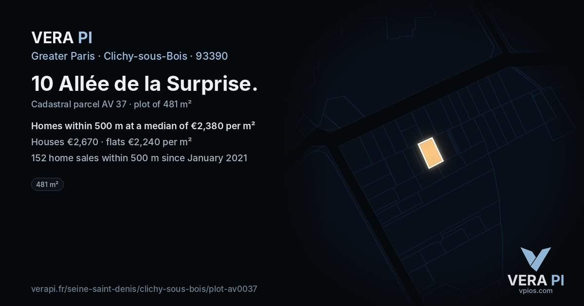 10 Allée de la Surprise, Clichy-sous-Bois at night – the plot lit, the parcels around coloured by the prices near them