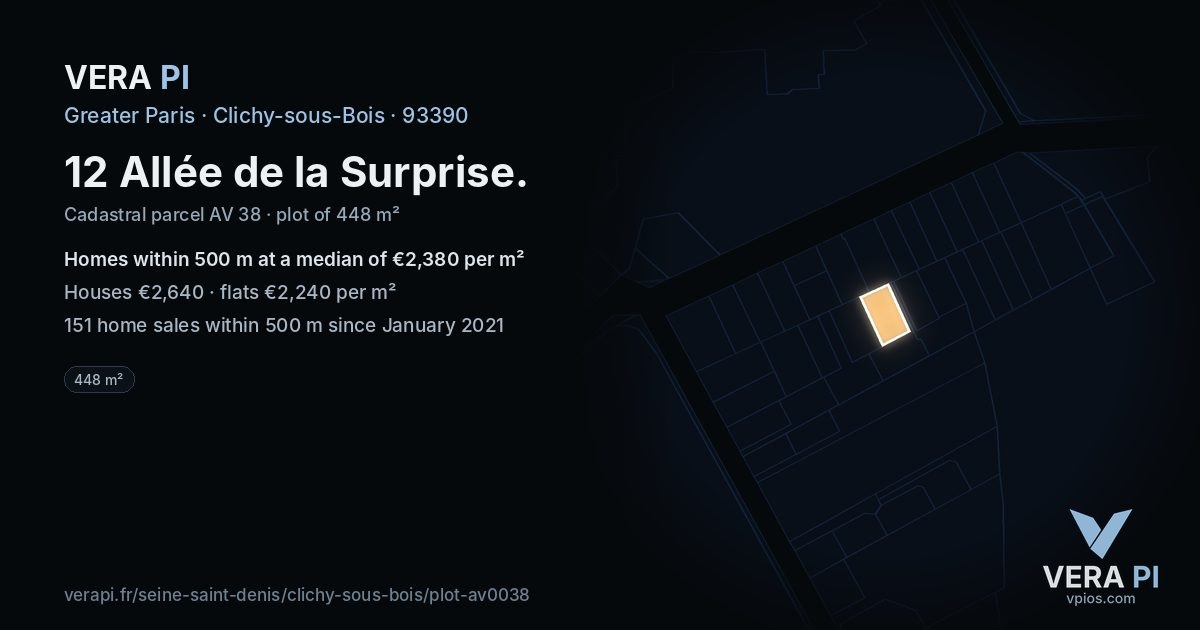 12 Allée de la Surprise, Clichy-sous-Bois at night – the plot lit, the parcels around coloured by the prices near them