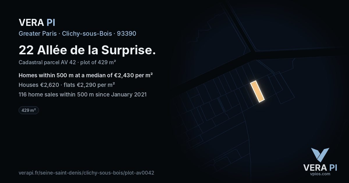 22 Allée de la Surprise, Clichy-sous-Bois at night – the plot lit, the parcels around coloured by the prices near them