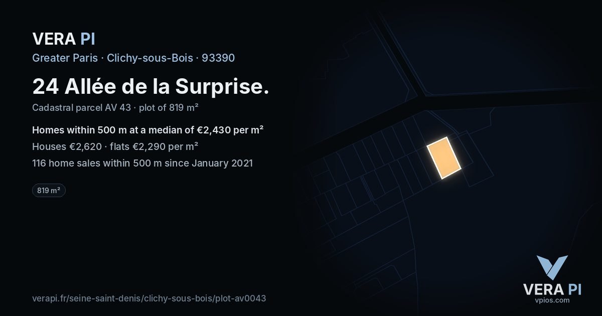 24 Allée de la Surprise, Clichy-sous-Bois at night – the plot lit, the parcels around coloured by the prices near them